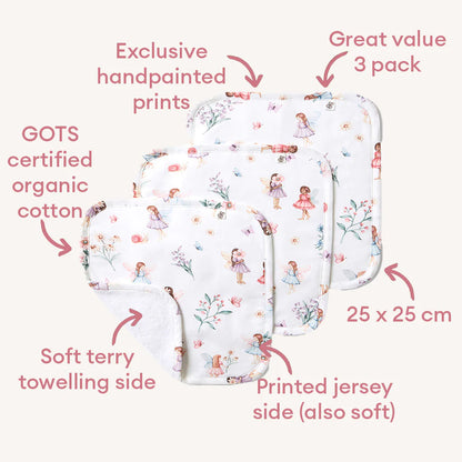 Organic Wash Cloths 3 Pack Fairy Garden