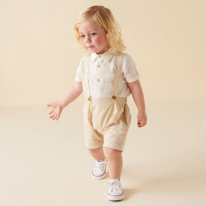 Designer Kidz Finley Linen Suspender Shorts - Sand | Aster & Ruby