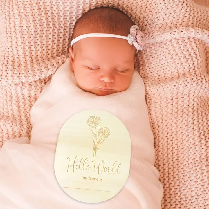 Hello World My Name Is Birth Flower Annoucement Disc - Aster & Ruby