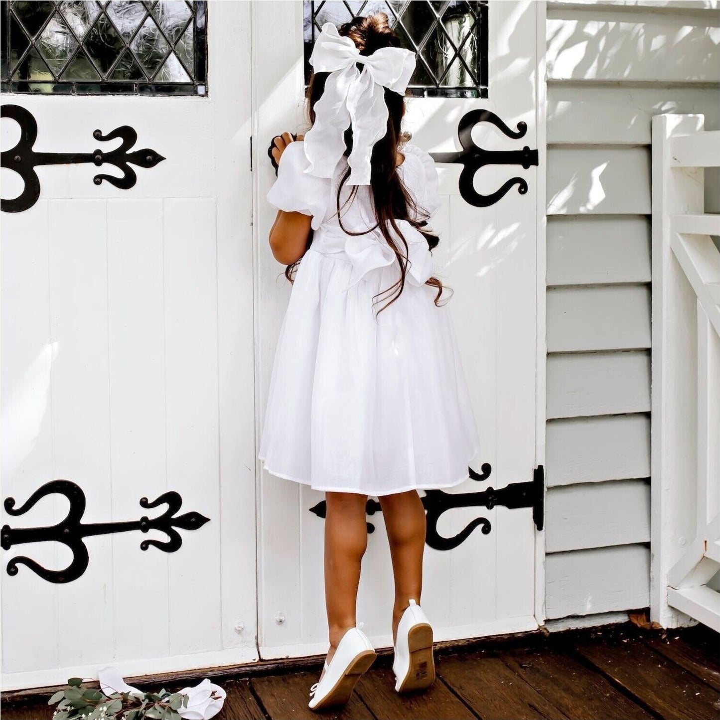 Designer Kidz Noa Puff Sleeve Bow Back Dress - Ivory | Aster & Ruby