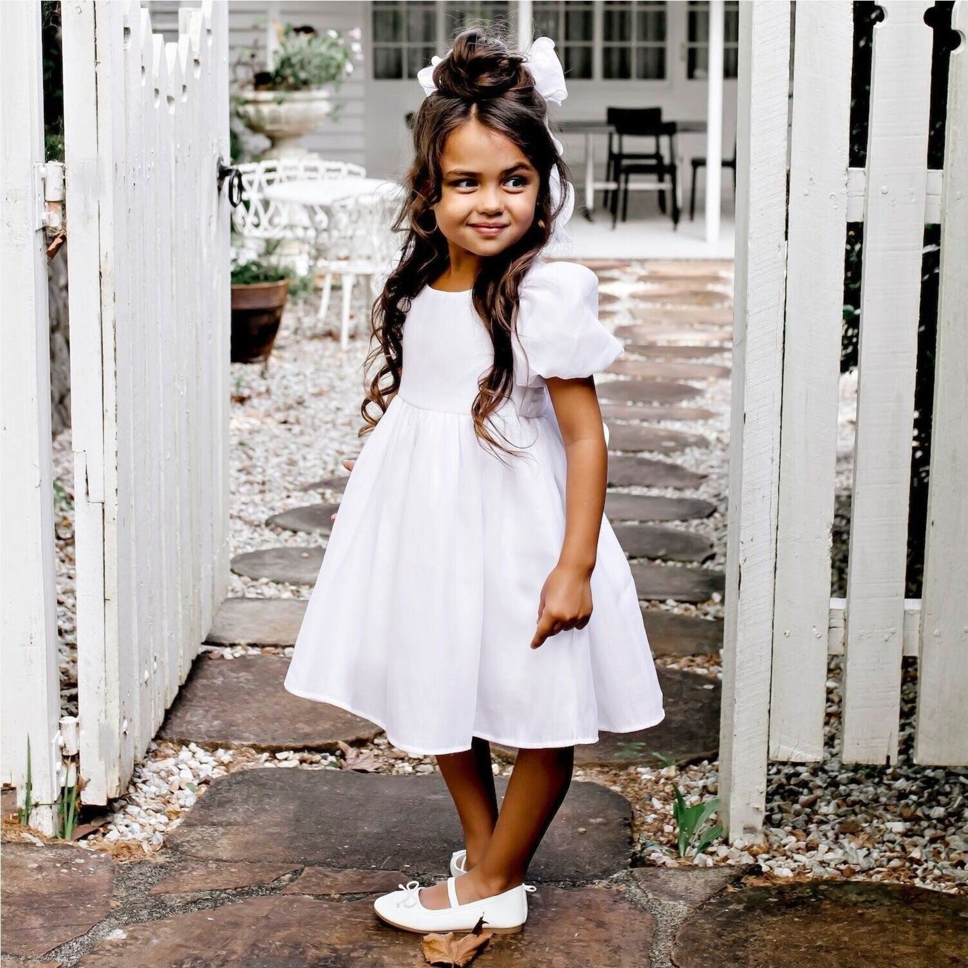 Designer Kidz Noa Puff Sleeve Bow Back Dress - Ivory | Aster & Ruby