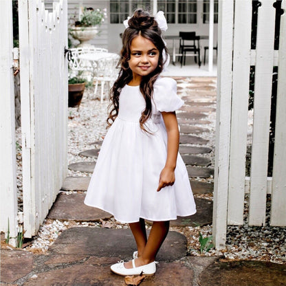 Designer Kidz Noa Puff Sleeve Bow Back Dress - Ivory | Aster & Ruby