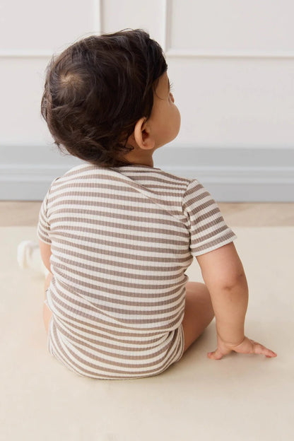 Organic Cotton Modal Darcy Rib Tee Bodysuit - Narrow Stripe Tweed/Cloud - Aster & Ruby