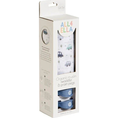 All4Ella Organic Muslin Swaddle & 2 Pram Peg Gift Set - Beep Beep | Aster & Ruby