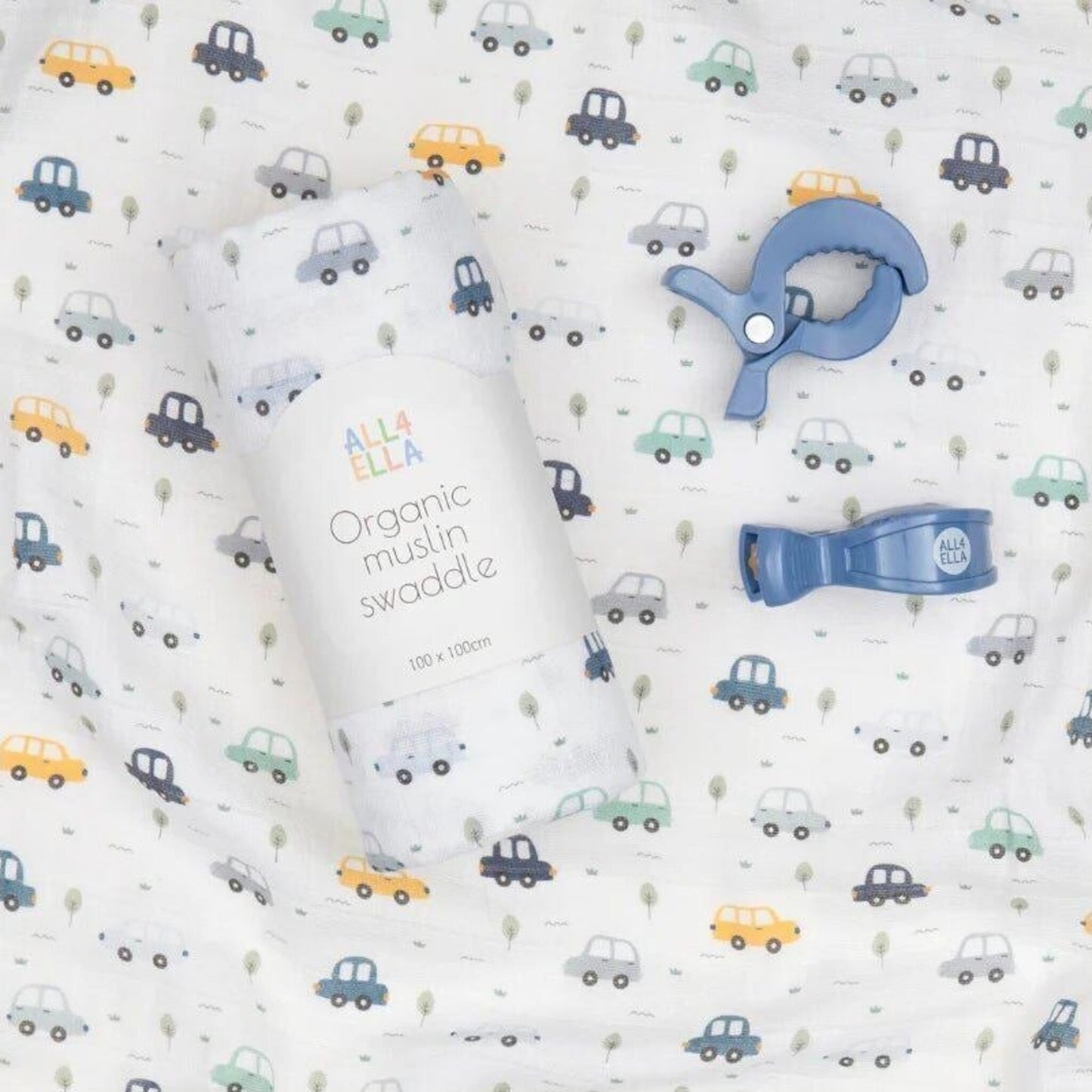 All4Ella Organic Muslin Swaddle & 2 Pram Peg Gift Set - Beep Beep | Aster & Ruby