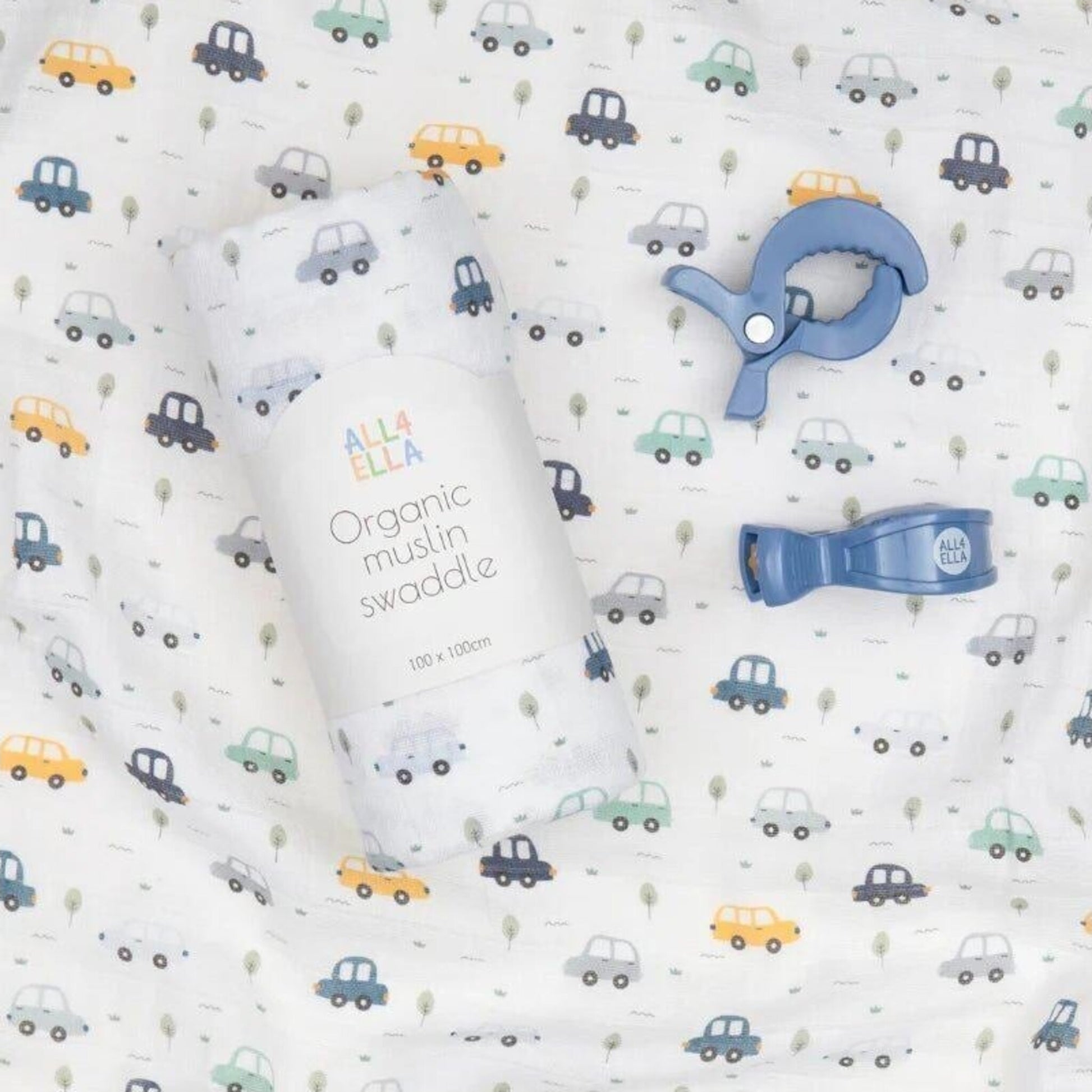 All4Ella Organic Muslin Swaddle & 2 Pram Peg Gift Set - Beep Beep | Aster & Ruby