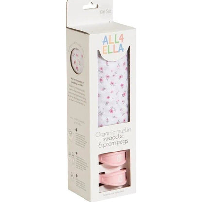 All4Ella Organic Muslin Swaddle & 2 Pram Peg Gift Set - Pink Petals | Aster & Ruby