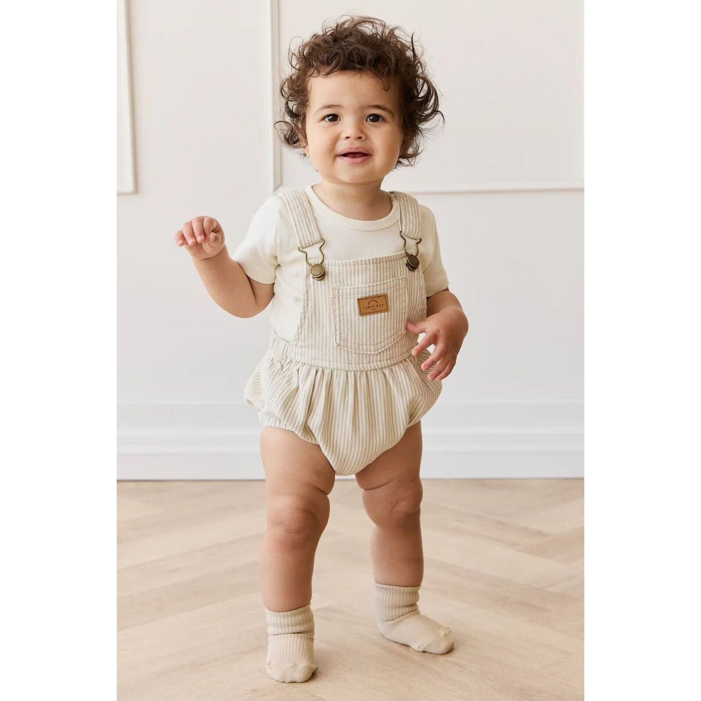 Jamie Kay Pax Playsuit Fine Vertical Stripe Sandy Brown/Cloud | Aster & Ruby