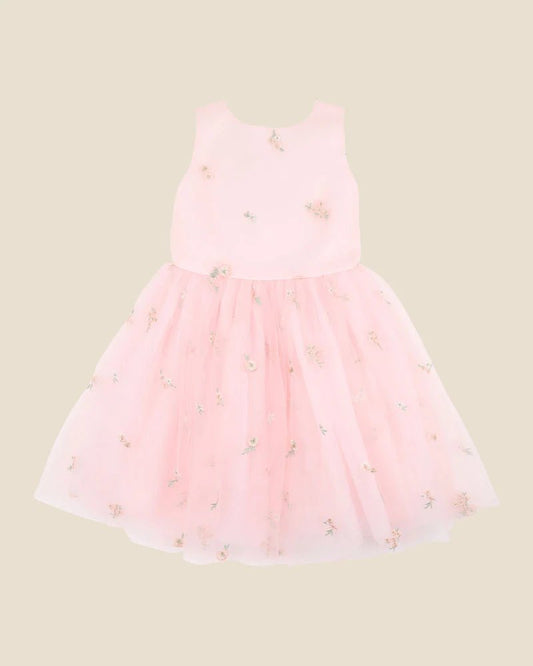 Pink Floral Embroidered Back Bow Tulle Dress 3–10 Yrs - Aster & Ruby