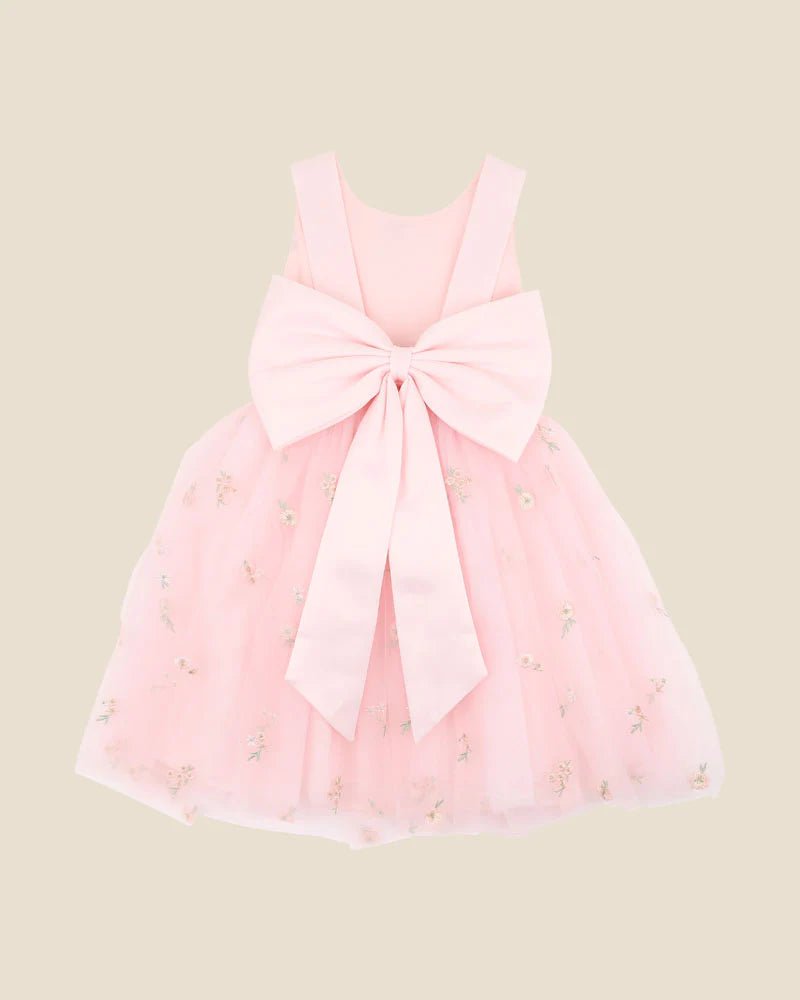 Pink Floral Embroidered Back Bow Tulle Dress with Bloomers - Aster & Ruby