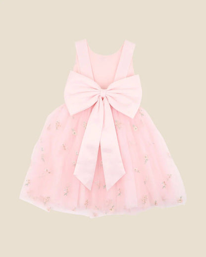 Pink Floral Embroidered Back Bow Tulle Dress with Bloomers - Aster & Ruby