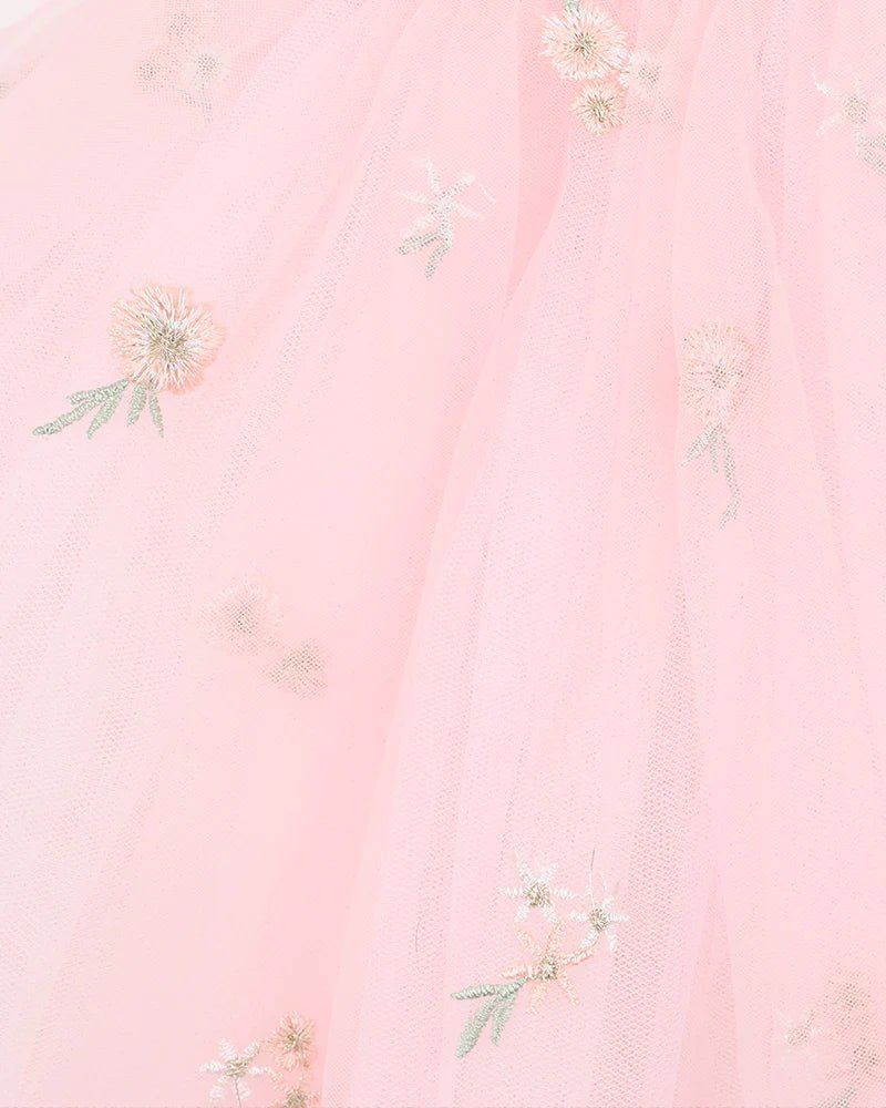 Pink Floral Embroidered Back Bow Tulle Dress with Bloomers - Aster & Ruby
