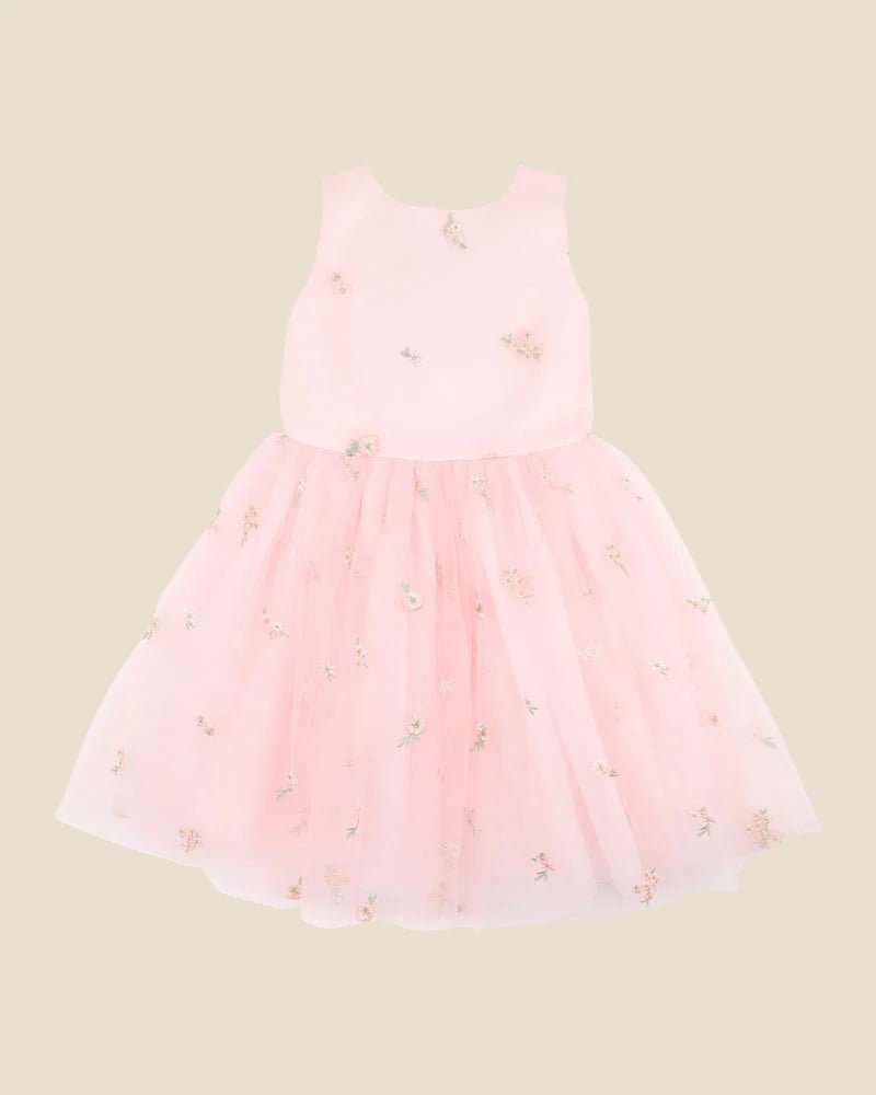 Pink Floral Embroidered Back Bow Tulle Dress with Bloomers - Aster & Ruby