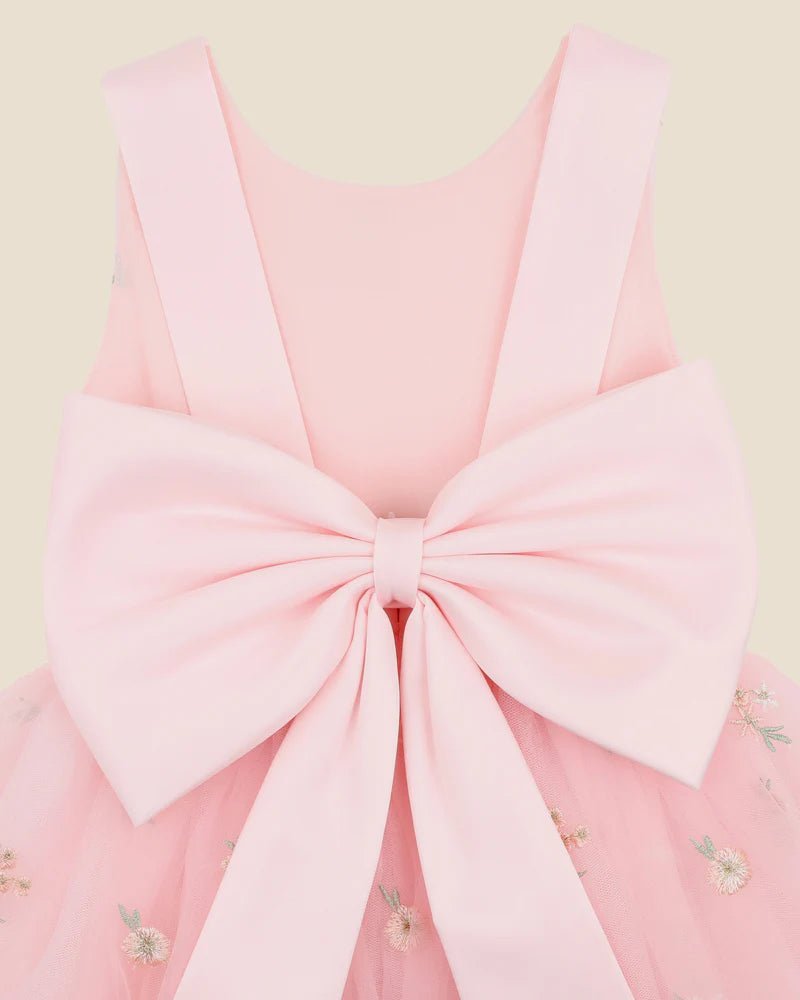 Pink Floral Embroidered Back Bow Tulle Dress with Bloomers - Aster & Ruby
