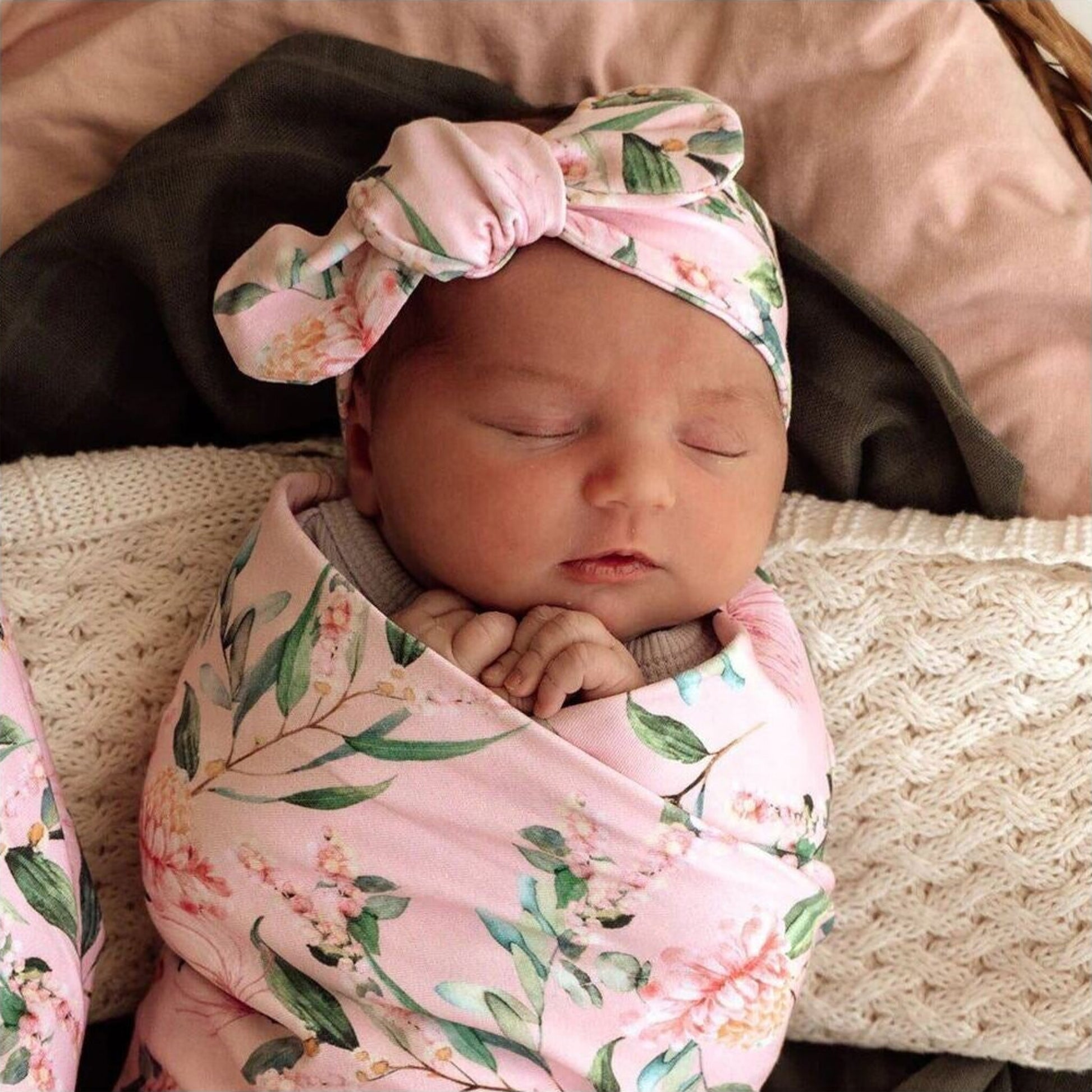 Snuggle Hunny Kids Pink Wattle Organic Jersey Wrap & Topknot Set | Aster & Ruby