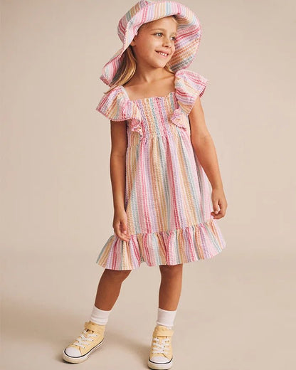 Rainbow Stripe Shirred Frill Dress - Aster & Ruby