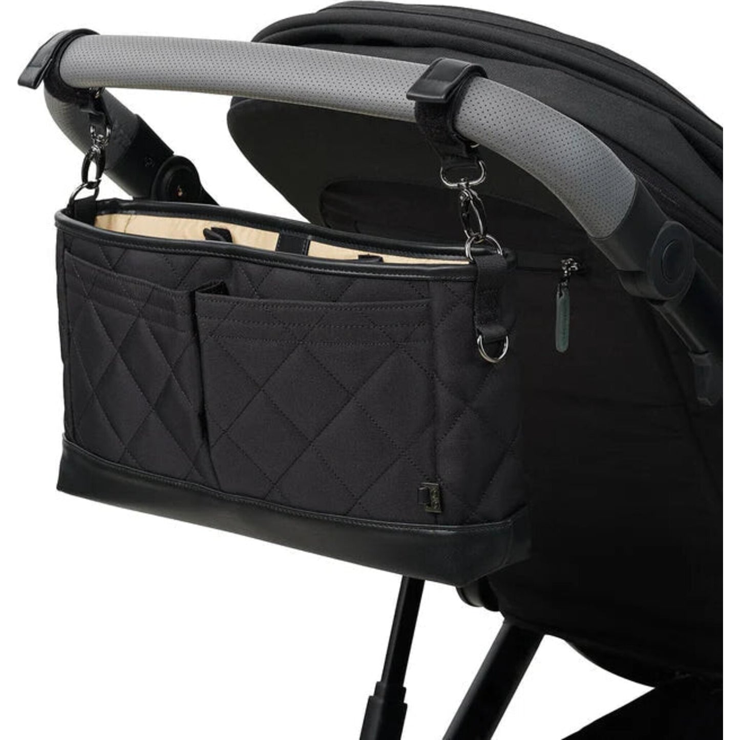OiOi Signature Pram Caddy Black Diamond Quilt Nylon | Aster & Ruby