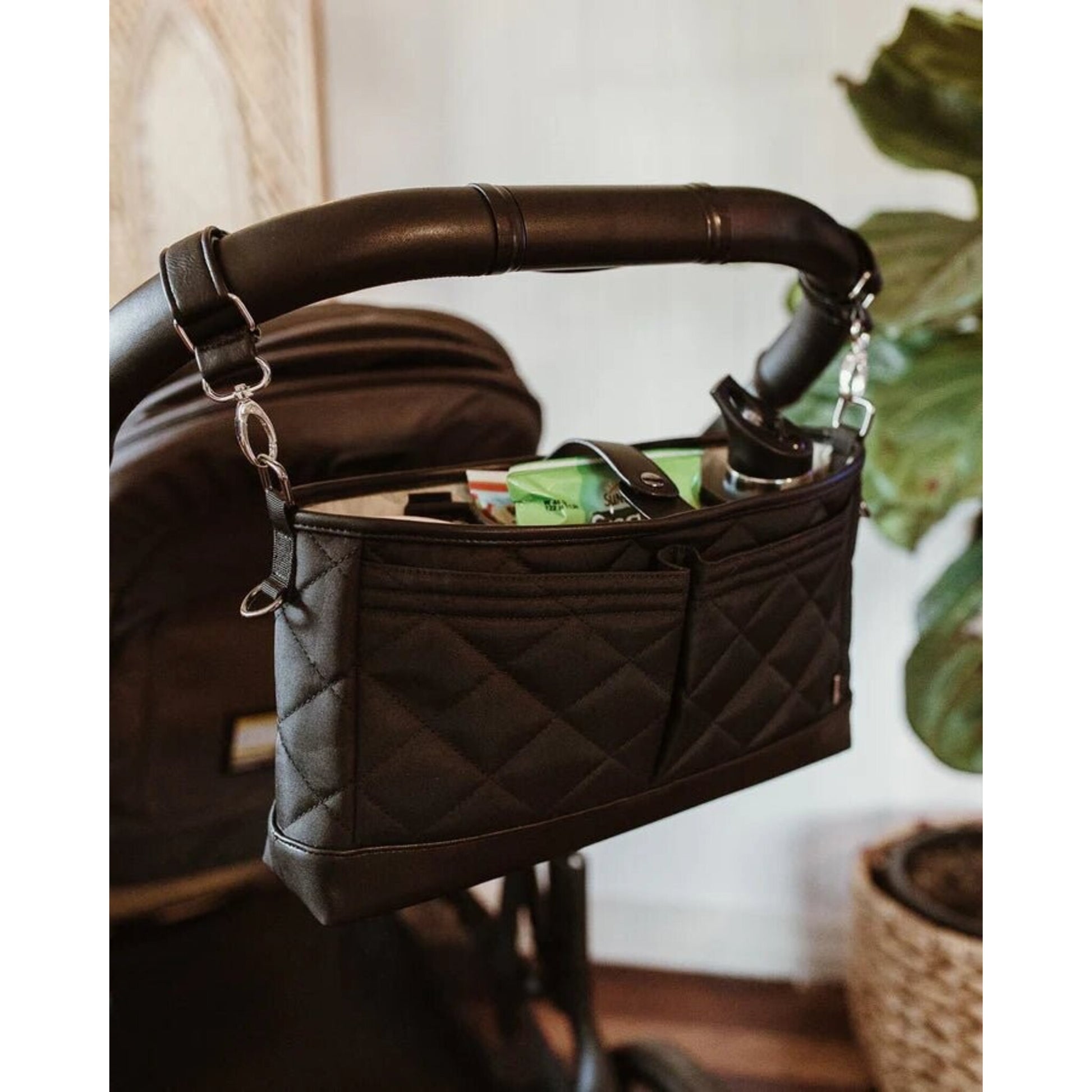 OiOi Signature Pram Caddy Black Diamond Quilt Nylon | Aster & Ruby