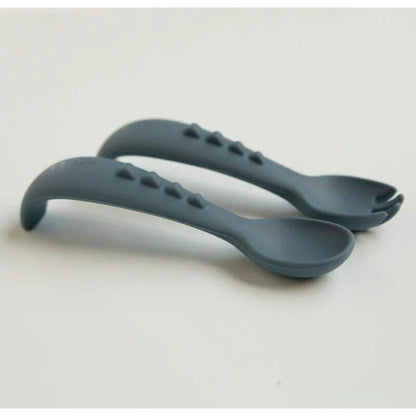 All4Ella Silicone Comfy Grip Cutlery Spoon + Fork Set - Slate Blue | Aster & Ruby