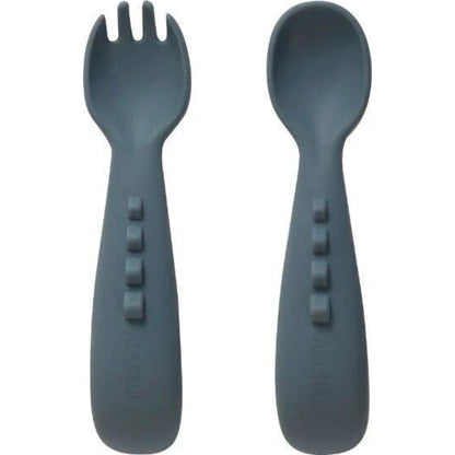 All4Ella Silicone Comfy Grip Cutlery Spoon + Fork Set - Slate Blue | Aster & Ruby