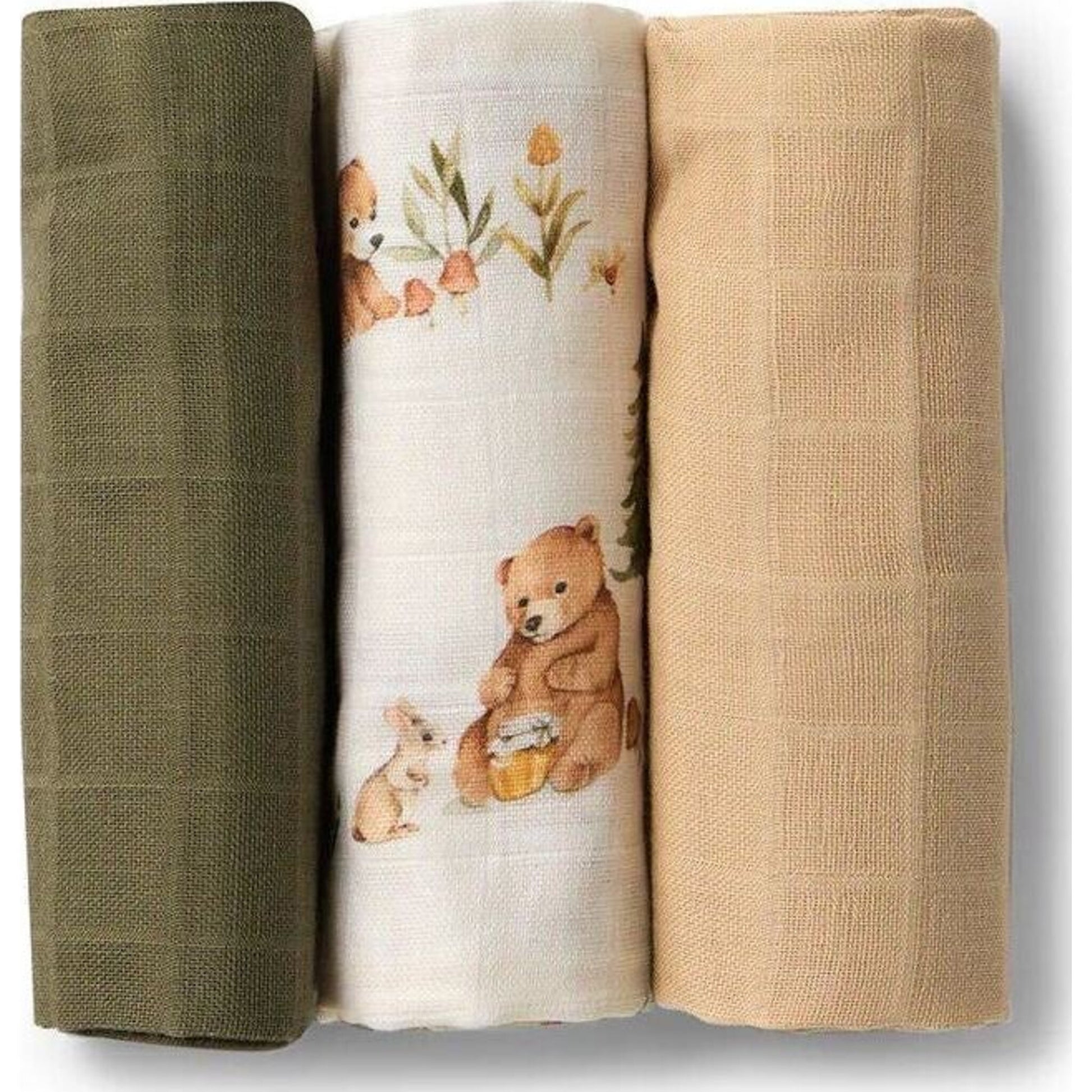 Snuggle Hunny Small Organic Muslin Cloths 3pk - Olive/Bear/Pebble | Aster & Ruby