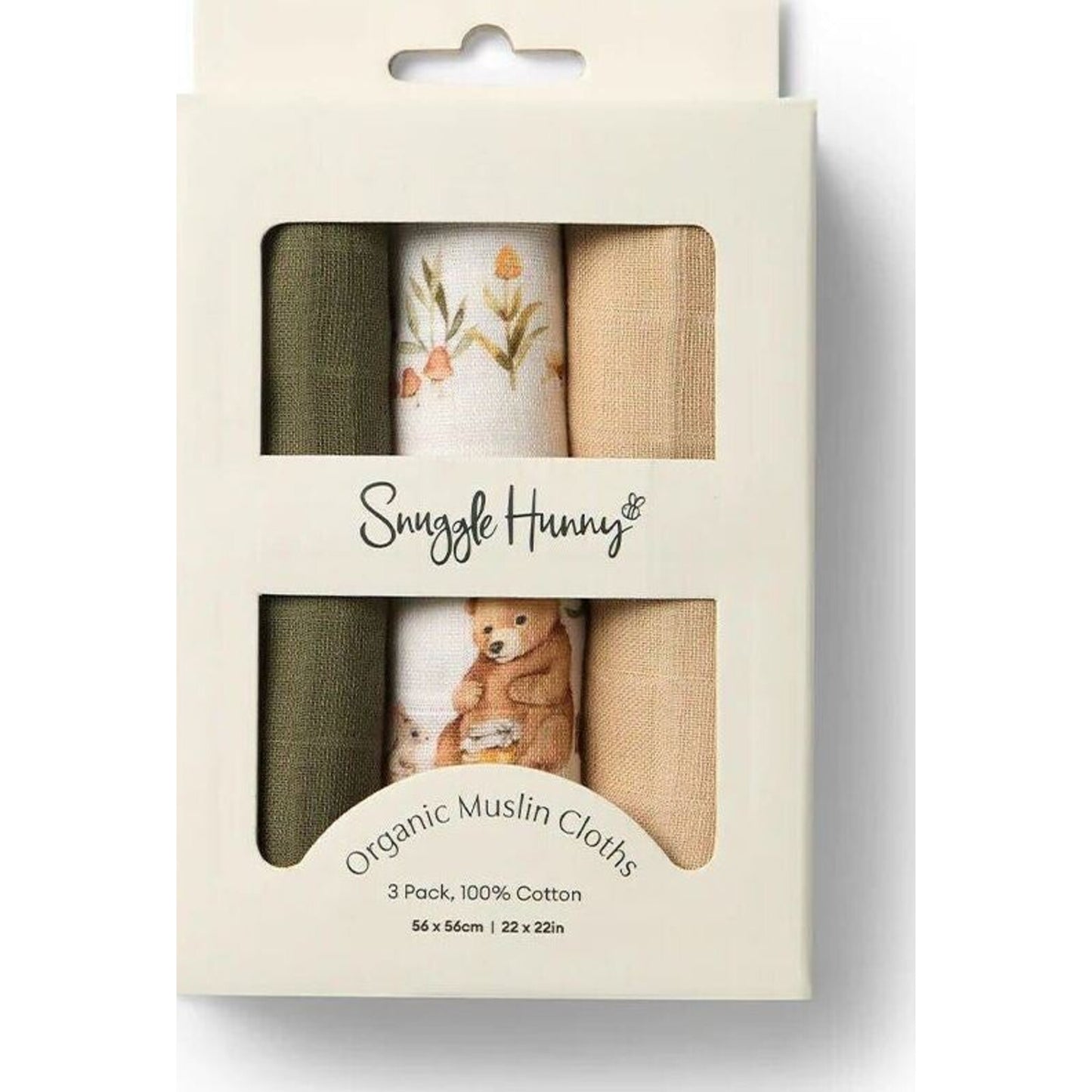 Snuggle Hunny Small Organic Muslin Cloths 3pk - Olive/Bear/Pebble | Aster & Ruby