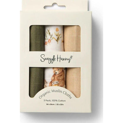 Snuggle Hunny Small Organic Muslin Cloths 3pk - Olive/Bear/Pebble | Aster & Ruby