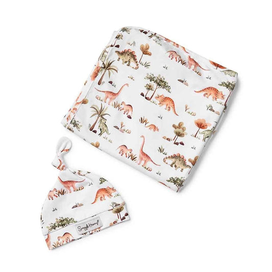 Snuggle Hunny Dino Organic Jersey Wrap & Beanie Set-Aster & Ruby