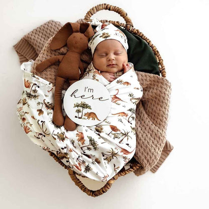 Snuggle Hunny Dino Organic Jersey Wrap & Beanie Set-Aster & Ruby