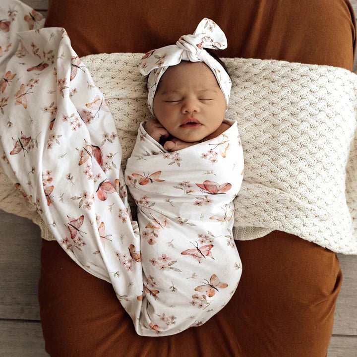 Snuggle Hunny Organic Cotton Baby Wrap & Topknot Set - Butterfly - Aster & Ruby