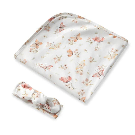 Snuggle Hunny Organic Cotton Baby Wrap & Topknot Set - Butterfly - Aster & Ruby