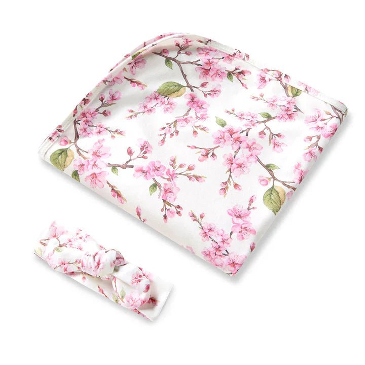 Snuggle Hunny Organic Cotton Baby Wrap & Topknot Set - Cherry Blossom - Aster & Ruby