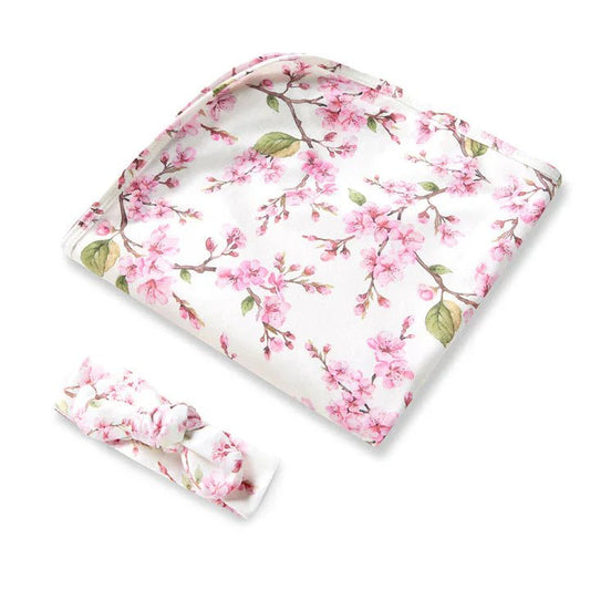 Snuggle Hunny Organic Cotton Baby Wrap & Topknot Set - Cherry Blossom - Aster & Ruby