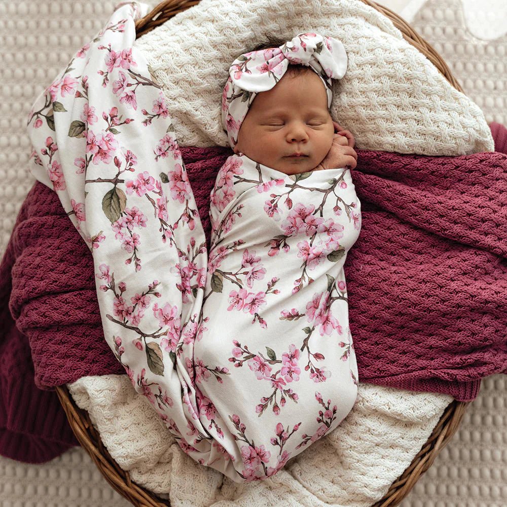 Snuggle Hunny Organic Cotton Baby Wrap & Topknot Set - Cherry Blossom - Aster & Ruby