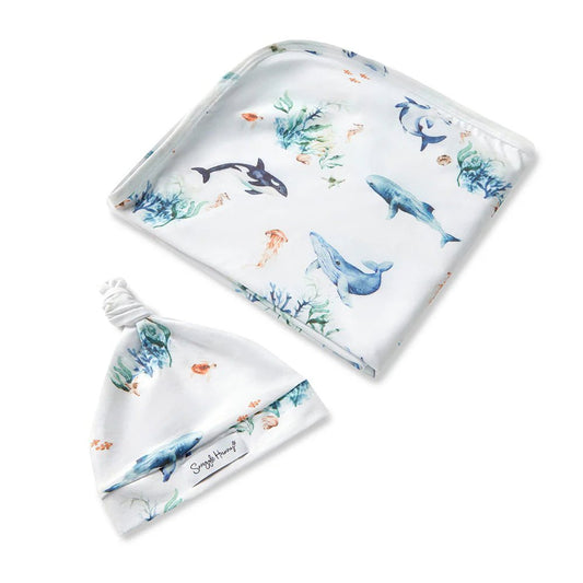 Snuggle Hunny Organic Jersey Wrap & Beanie Set - Ocean - Aster & Ruby