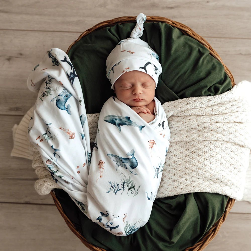 Snuggle Hunny Organic Jersey Wrap & Beanie Set - Ocean - Aster & Ruby