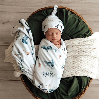 Snuggle Hunny Organic Jersey Wrap & Beanie Set - Ocean - Aster & Ruby