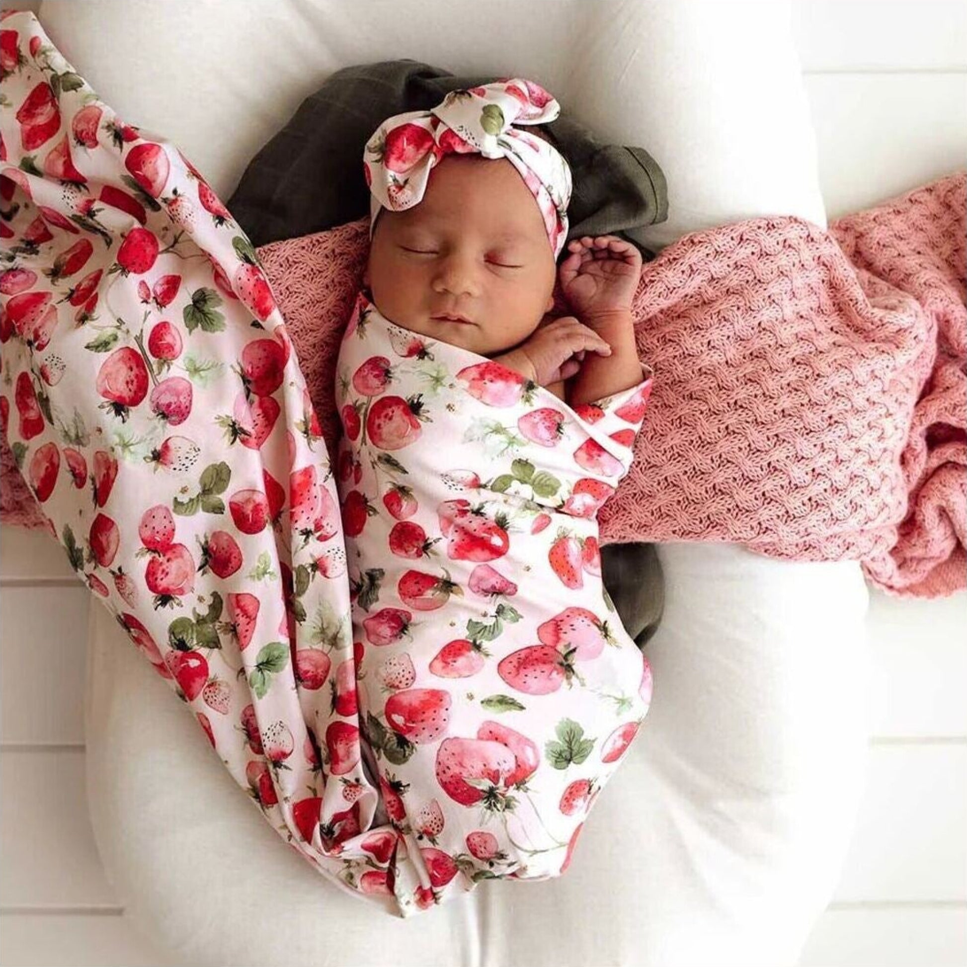 Snuggle Hunny Strawberry Organic Jersey Wrap & Topknot Set | Aster & Ruby