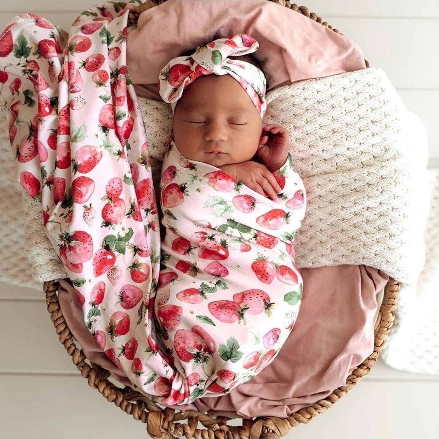 Snuggle Hunny Strawberry Organic Jersey Wrap & Topknot Set | Aster & Ruby