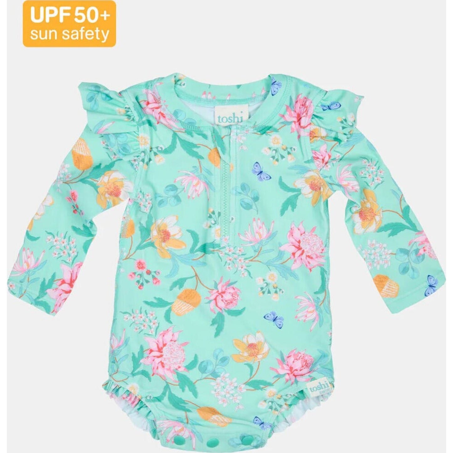 Toshi Swim Onesie L/S Ripple Waratah Mint | Aster & Ruby