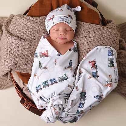 Trains Organic Jersey Wrap & Beanie Set - Aster & Ruby