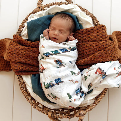 Trains Organic Muslin Wrap - Aster & Ruby