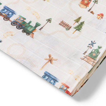 Trains Organic Muslin Wrap - Aster & Ruby