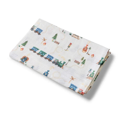 Trains Organic Muslin Wrap - Aster & Ruby