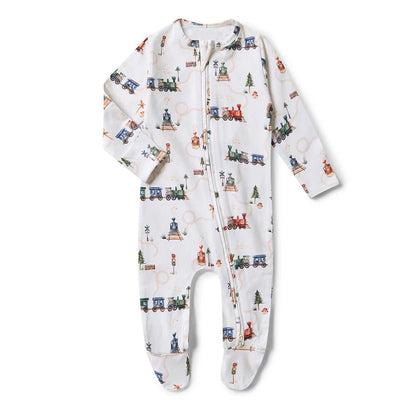 Trains Organic Snuggle Sleepsuit Zip Footie - Aster & Ruby