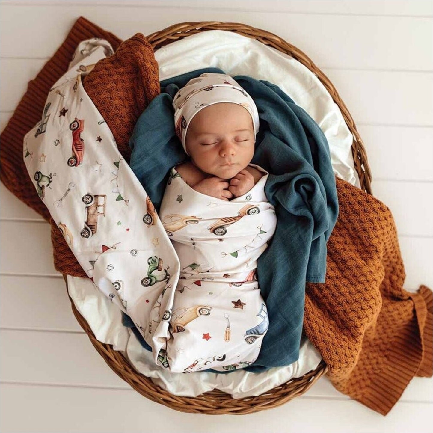 Snuggle Hunny Vintage Cars Organic Jersey Wrap & Beanie Set | Aster & Ruby