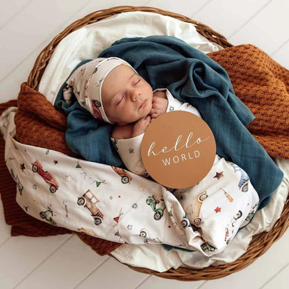Snuggle Hunny Vintage Cars Organic Jersey Wrap & Beanie Set | Aster & Ruby