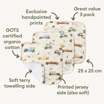 Organic Wash Cloths 3pk Vintage Cars